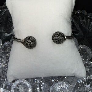 Vintage PZ 925 Sterling Silver Filigree Ball End Cuff Bracelet 6 7/8" ISRAEL